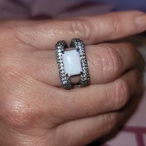 BP Milky White Opal Gemstone on Hematite Plating Ring sz 6